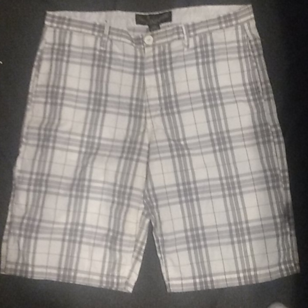 White and gray plaid cargo shorts